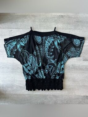 Vintage Canada Suzy Black and Teal Paisley Off-Shoulder Smocked Hem Women's Top